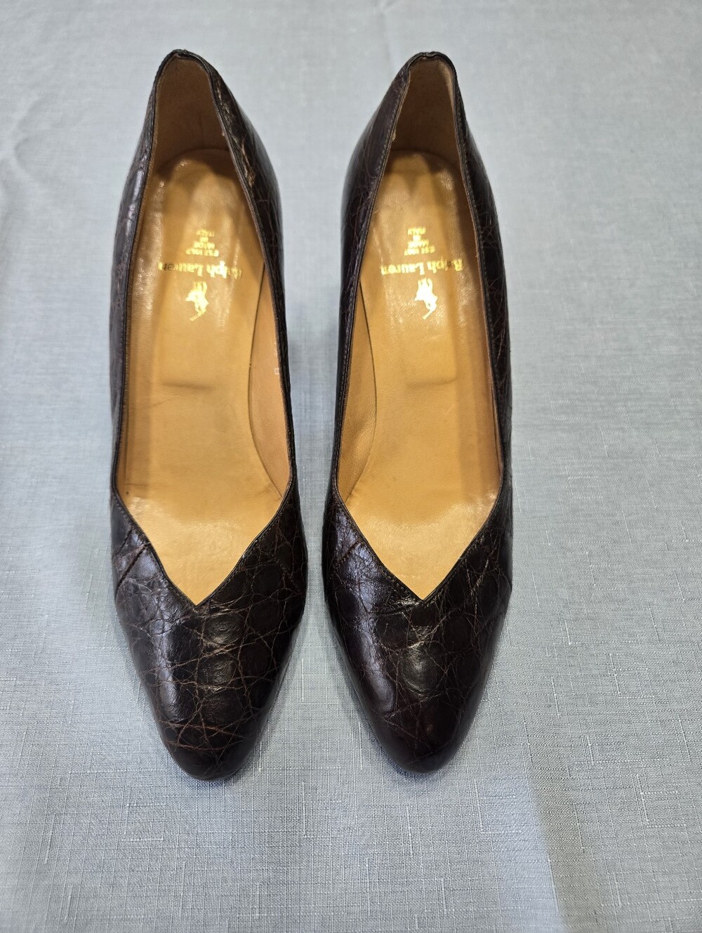 Ralph Lauren Collection Made in Italy Brown Croc Embossed Leather Heels 7.5B - Picture 2 of 9